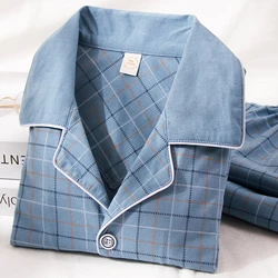 Blue Plaid Cotton Pijamas Hombre Long Sleeves Sleepwear Button-Down Korean Pajamas Set for Men Pure Cotton Pyjamas PJ Plus Size