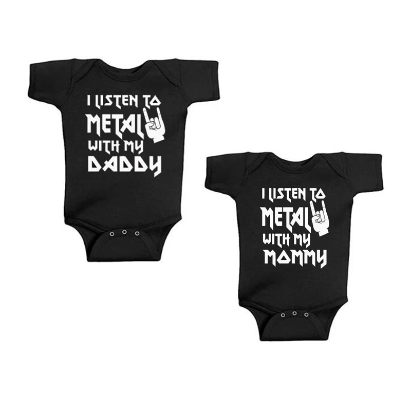 I Listen to Metal with My Mommy Funny Letters Print Newborn Baby Bodysuit Short Sleeve Body Baby Boy Girl Onesie Romper Clothes