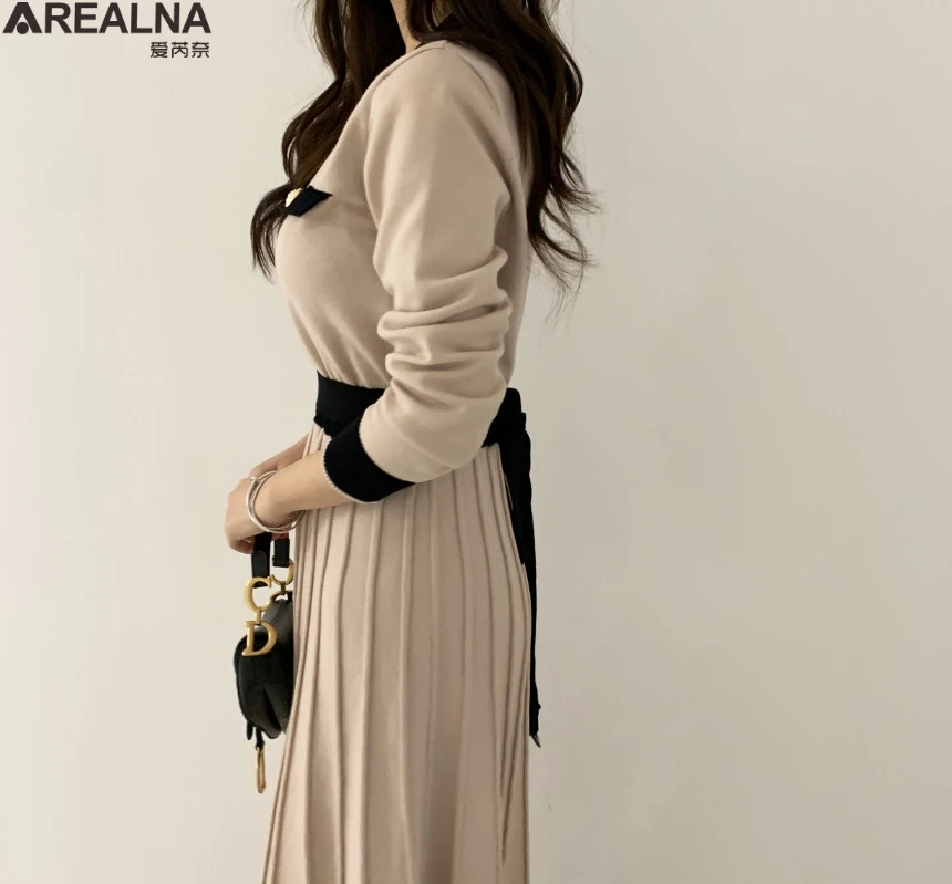 Korean Elegant Knitted Long Dress Women Long Sleeve Color-blocked 0-neck party woman dress A-line Pleated Dresses Vestidos 2020