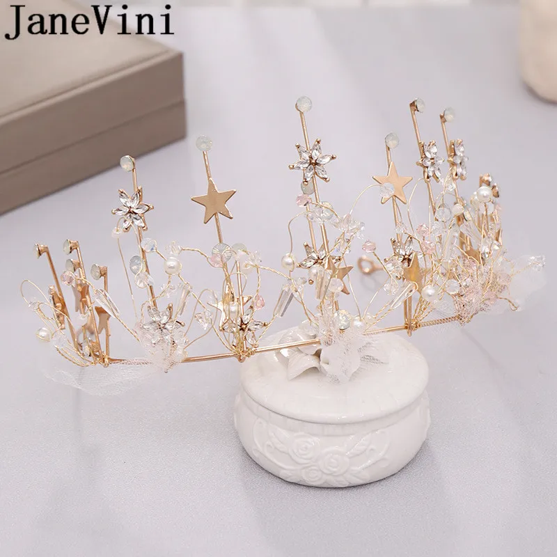 JaneVini Sparkly Gold Star Princess Crown Crystal Bridal Hairband Wedding Tiaras for Brides Prom Party Headwear Hair Accessories