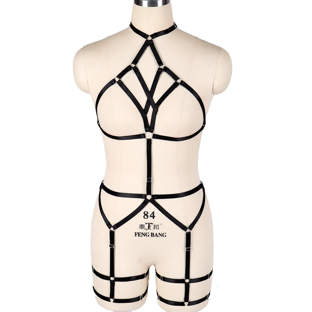 Full Body Harness Bondage คอชุดชั้นในเซ็กซี่ Punk Goth Bodysuit Hollow Bra เร้าอารมณ์ถุงน่องสายรัด Harajuku ยืดหยุ่น