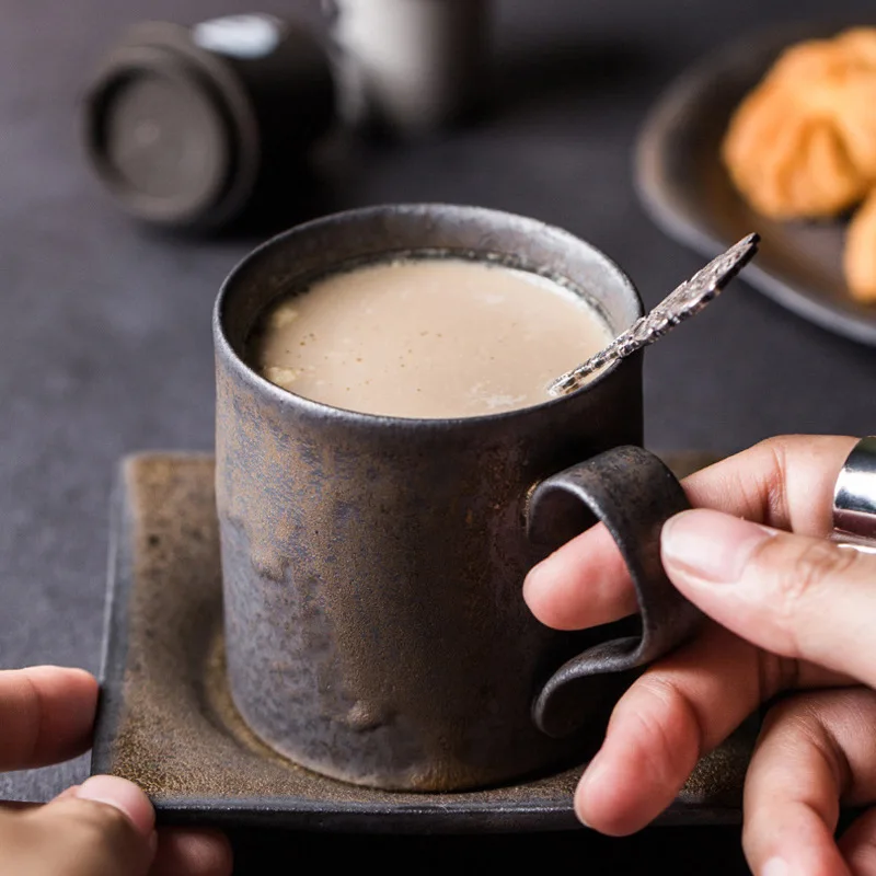 KuBac Design Stoneware Handmade Japanese Style Vintage Retro Coffee Cup Afternoon Tea Ceramic Small Mug Set With Tray