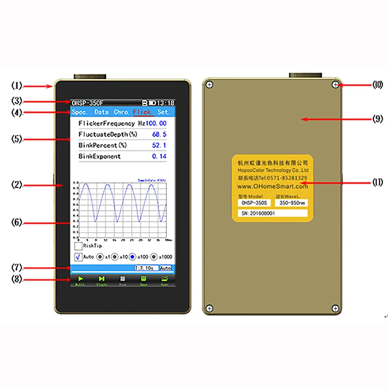 Light Measurement OHSP350F Flicker Meter Portable Spectrometer for CCT CRI Lux Flicker