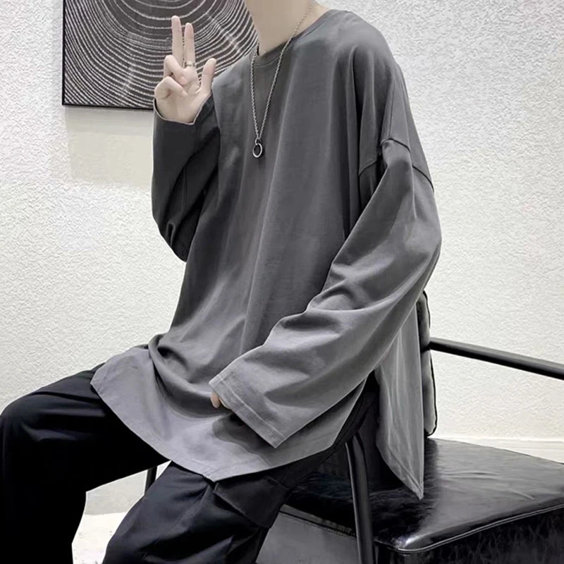 Irregular Loose Long Sleeve Men Tshirt Split Fork Fashion All-Match Solid Color Spring Summer Tops Oversized Japanese Streetwear