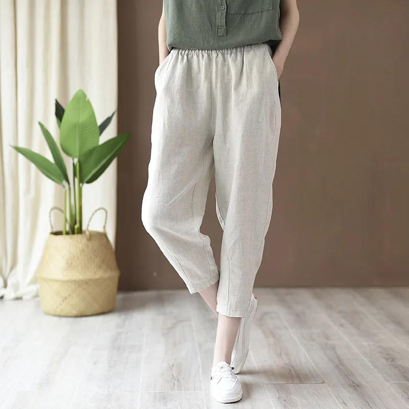 LZJN-Women's Cotton Linen Harem Pants, Vintage Elastic Waist Palazzo, Female Solid Cropped Pants, Summer, 2025