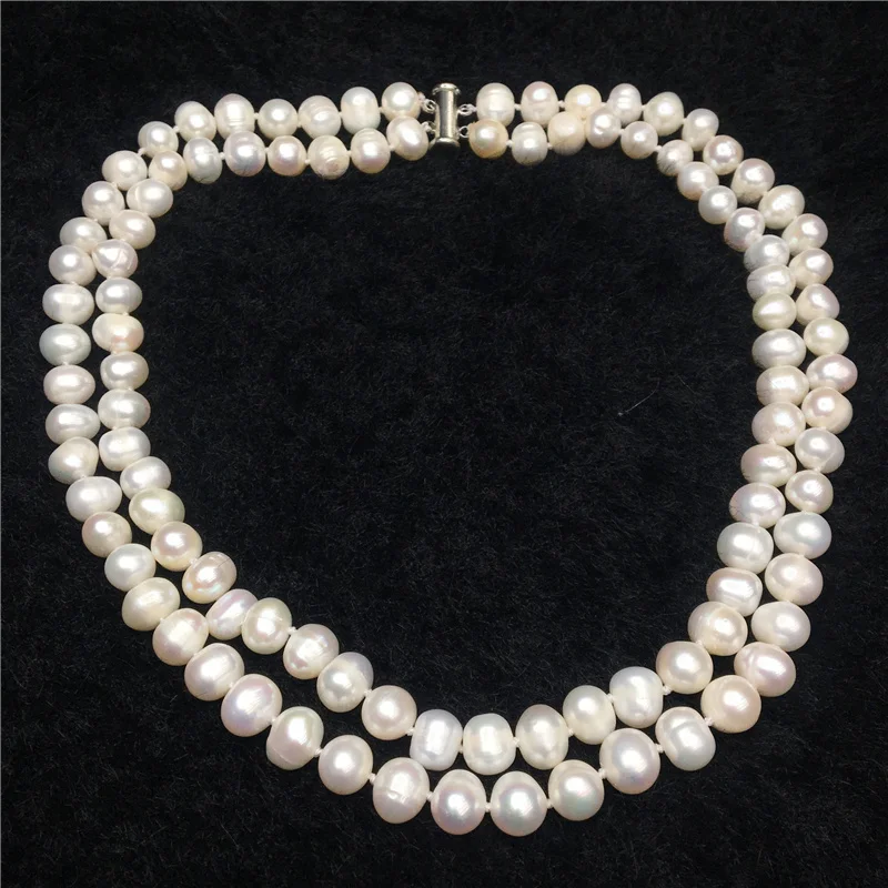 Charming 2 rows 8-9mm white akoya saltwater round natural pearl beads diy beautiful necklace 17-18 inch AAA BV340