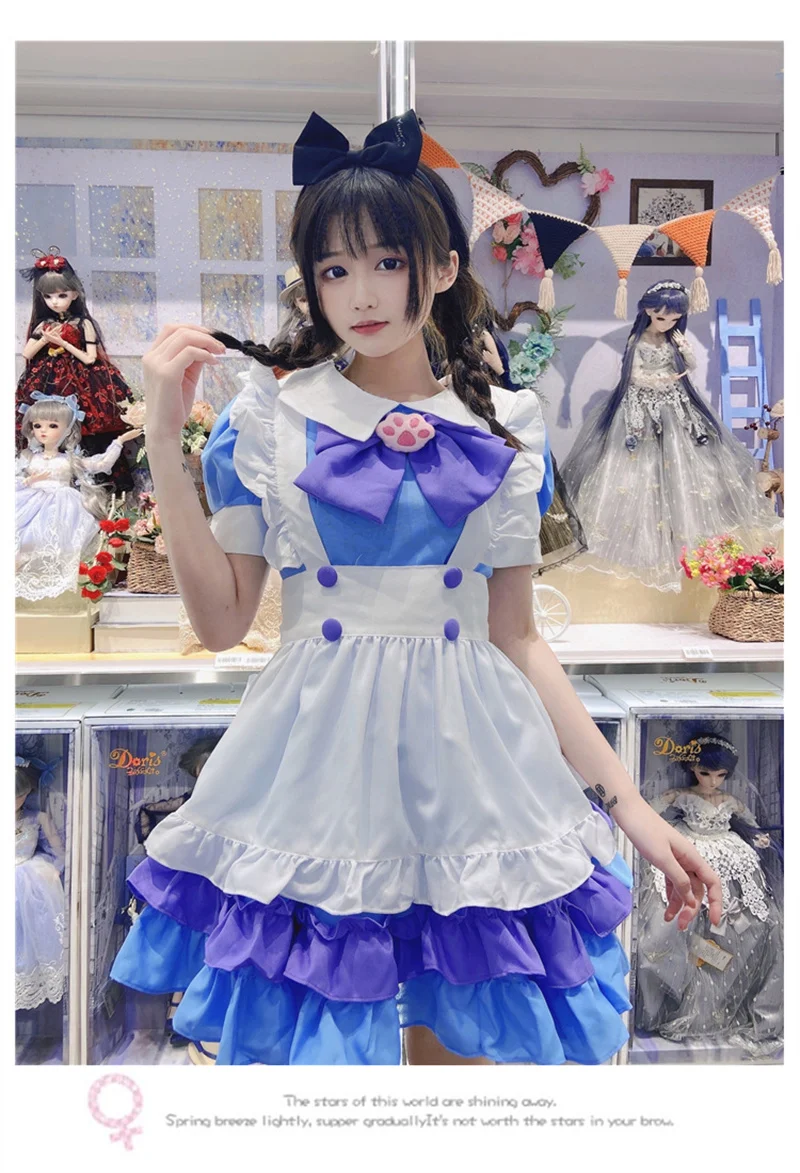 Maid Cosplay Costume Japanese Anime Lolita Maid Apron Uniform Carnival Party Dress For Girl Cute Bow Blue Purple Lace Cake Dress