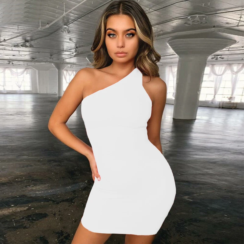 Nieuwe Black Een Schouder Party Club Outfits Sexy Jurk Zomer Vrouwen Mouwloze Bodycon Mini Jurken Plus Size Vestido Casual Dress