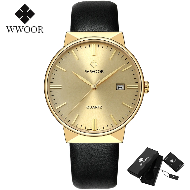 WWOOR Men's Watches Top Brand Luxury Waterproof Genuine Leather Wrist Watch Men Classic Gold Black Date Quartz Watch saat erkek