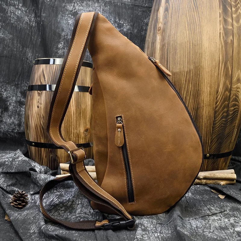Big Chest Bag for Men Crazy Horse Leather Sling Bag Crossbody Bagpack Genuine Leather Casual Chest Packs Outdoor Sport Bag