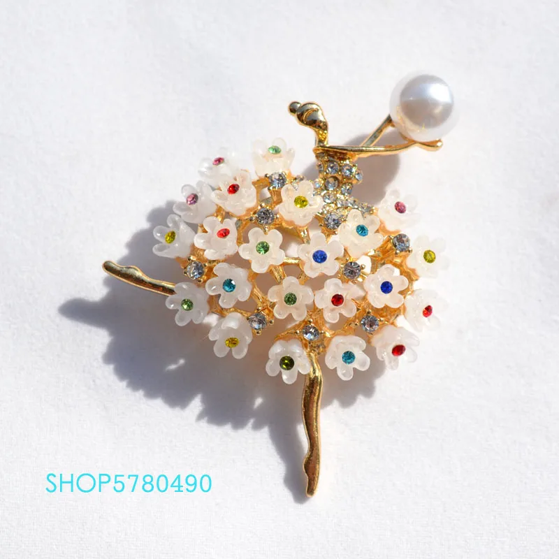 Fashion Jewelry Rhinestone Dancing Girl Brooch Multi Coloured Pearl Floral Women Vintage Pin Ladies Wedding Dress Accessories