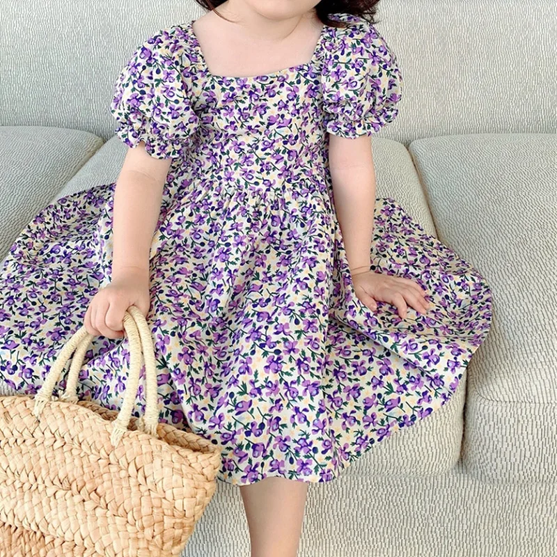 Summer Girls Dress Small Floral Plaid Princess Dress 2021Small Fresh Short-Sleeved Baby Kids Clothes Children\'S Clothing