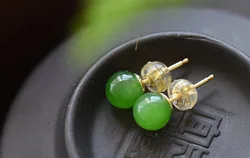 18k Gold Stud Earrings For Women Natural Dark Green Jade Earring Luxury Wedding Charm Jewelry Ear Studs