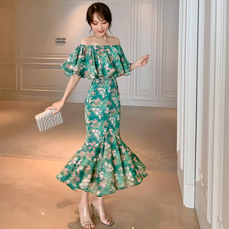 

Fashion Summer Korean Vintage Ruffle Floral Print Midi Party Dress Ladies OL Elegant Streetwear Casual Beach Vacation Dress Robe