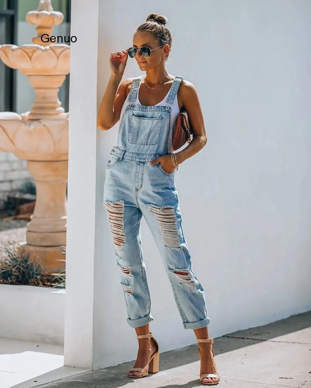 ผู้หญิงDenim Jumpsuits Hollow Outออกแบบกระเป๋าตกแต่งสลิงBacklessสีทึบแฟชั่นCasualตรงJumpsuits