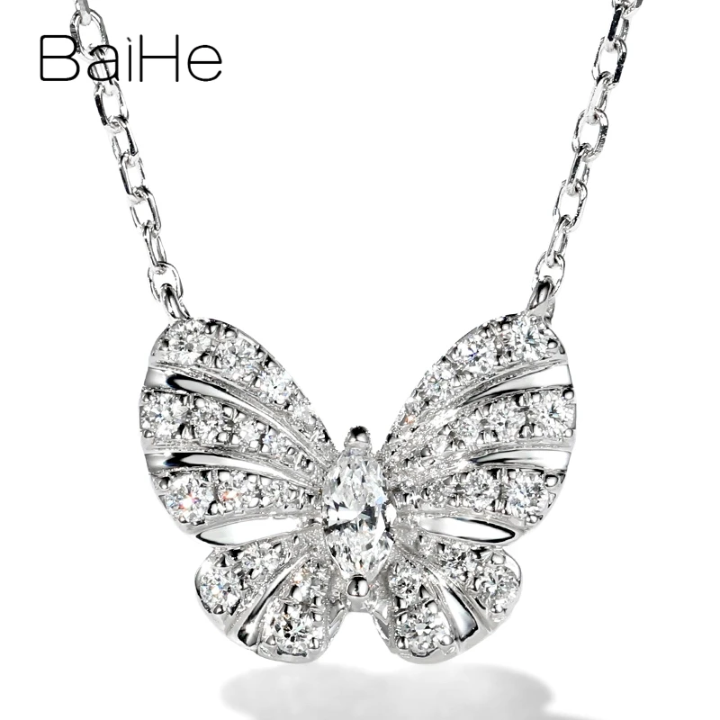 BAIHE Solid 18K White Gold Natural Diamond Butterfly Necklace Collarbone Chain Women Trendy Fine Jewelry Náhrdelník s motýly