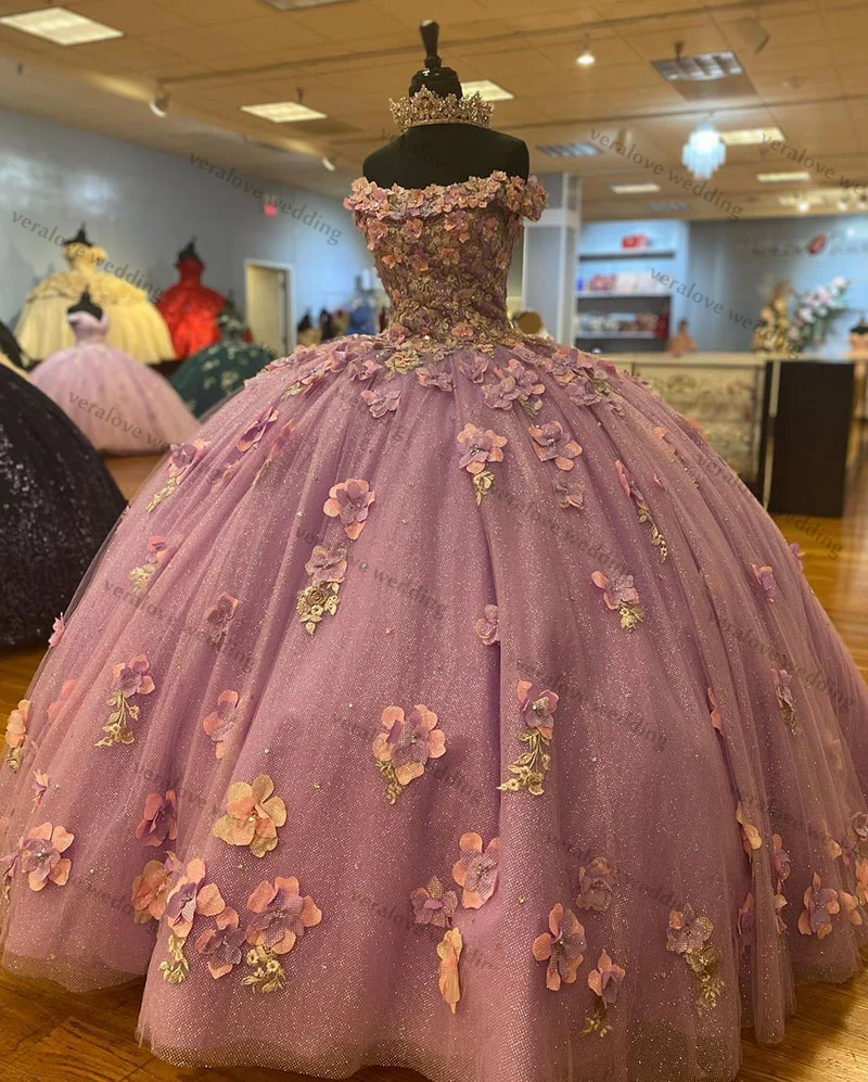 Princess Pink Mis 15 Años Quinceanera Dresses Lace 3D Applique Off the Shoulder Sweet 16 Gowns Vestidos De Xv Años