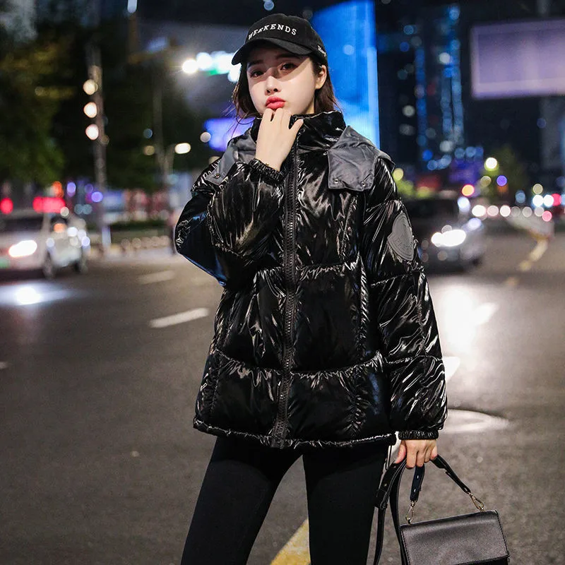 2019 Female Glossy Winter Down Cotton Padded Jacket For Women Thick Bright Black Short Shiny Jacket Silver Cotton Parkas