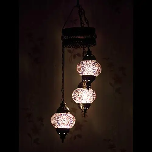 

LaModaHome 35 + Unique Colors, 2020 Customizable Chandelier 3 Globes + Free 3 Bulbs, stunning Mosaic Turkish Lamp Moroccan Light