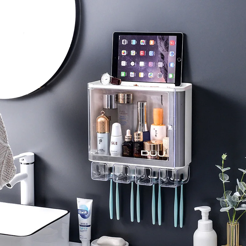 Wall Mount Bathroom Accessorie Shelf Cosmetic Organizer Toothbrush Holder Toothpaste Dispenser Holder Mouth Cup Toothbrush Rack