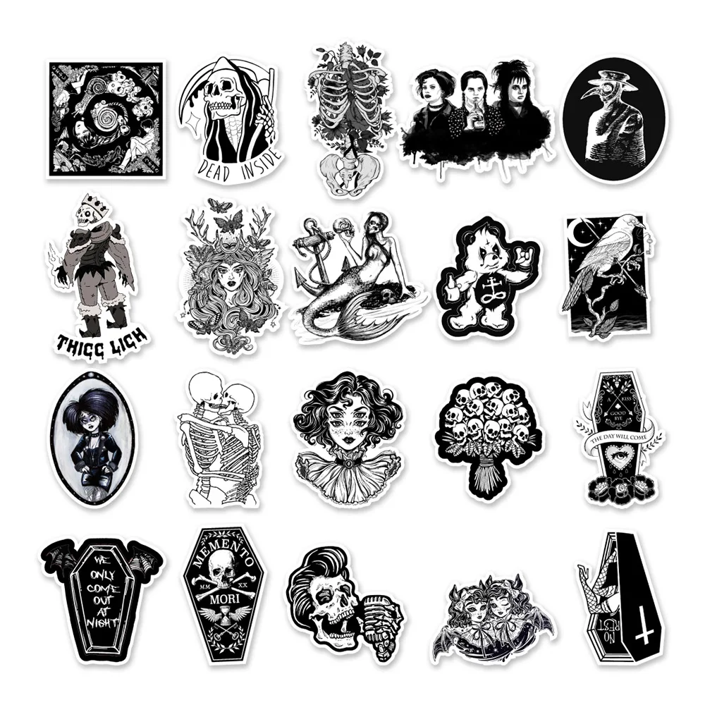 10/30/50PCS Black and white Goth Horror Stickers for Laptop Motorcycle Skateboard Waterproof Cool Graffiti Kid Sticker Decals