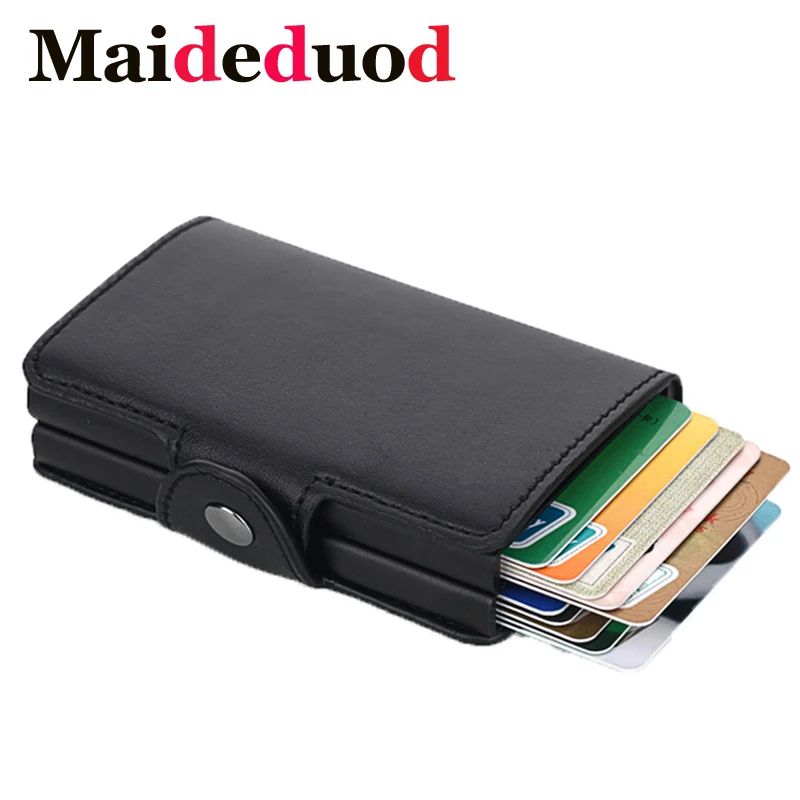 

New RFID Blocking Card Holder PU Leather Mini Wallet Security Information Double Box Aluminum Credit Card Holder Metal Purse