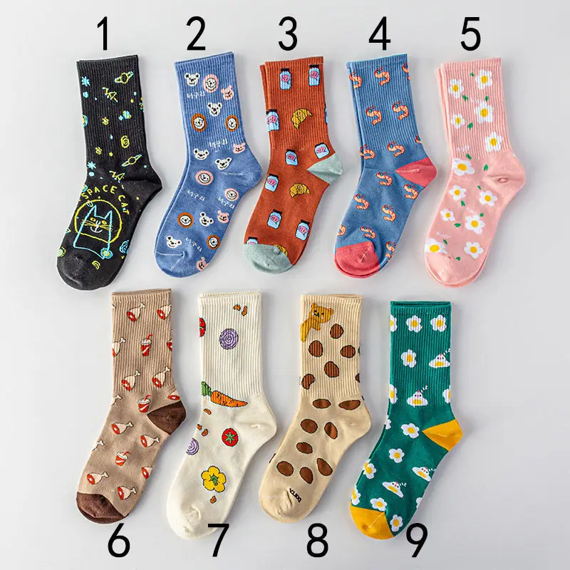 5 pair cute girl cartoon socks funny radish flowers chicken legs egg bear alien cat socks high quality combed cotton woman socks