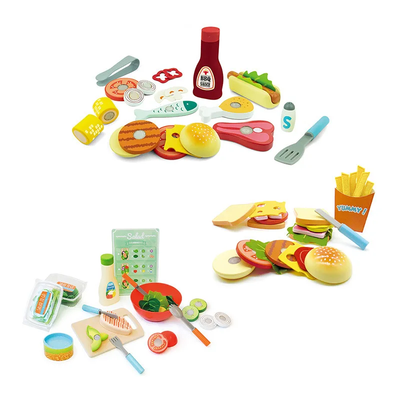 Wooden Kitchen Toys BBQ Sandwish Salad Pretend Play Food Toy Kids Cutting Cooking Set Miniature DIY Educational Toys for Girls