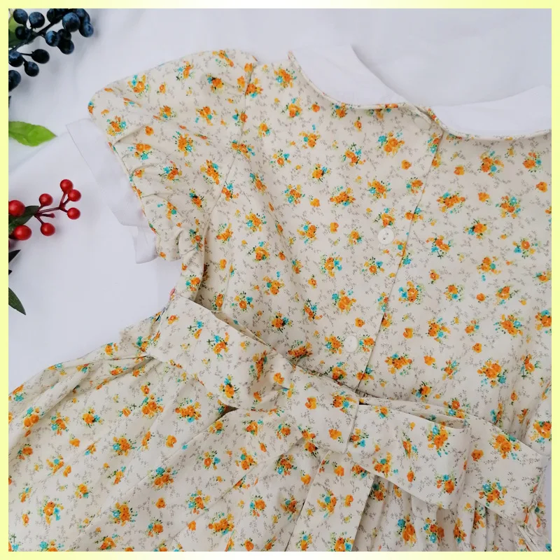 Kids Girls New summer dress vestidos 2024 girl princess floral vintage dress for 3-7 years children Handmade smocked dresses