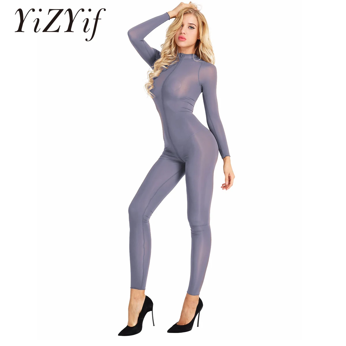 

Shiny Long Sleeve Double Zipper Open Crotch Bodysuit Women Body Sculpting Tights Bodycon Jumpsuit Bodystocking Catsuit Suits