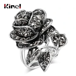 Kinel-anillo Rosa Vintage para mujer, Color plata antigua, anillos de cristal negro, regalo de Navidad mezclado, venta al por mayor, 2020