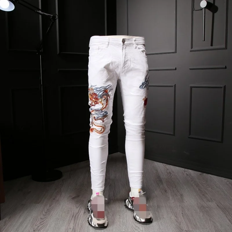 White Summer Jeans Men Chinese Style Embroidery Slim Denim Trousers Street Zipper Slim Frayed Casual Pencil Pants Male 28-36