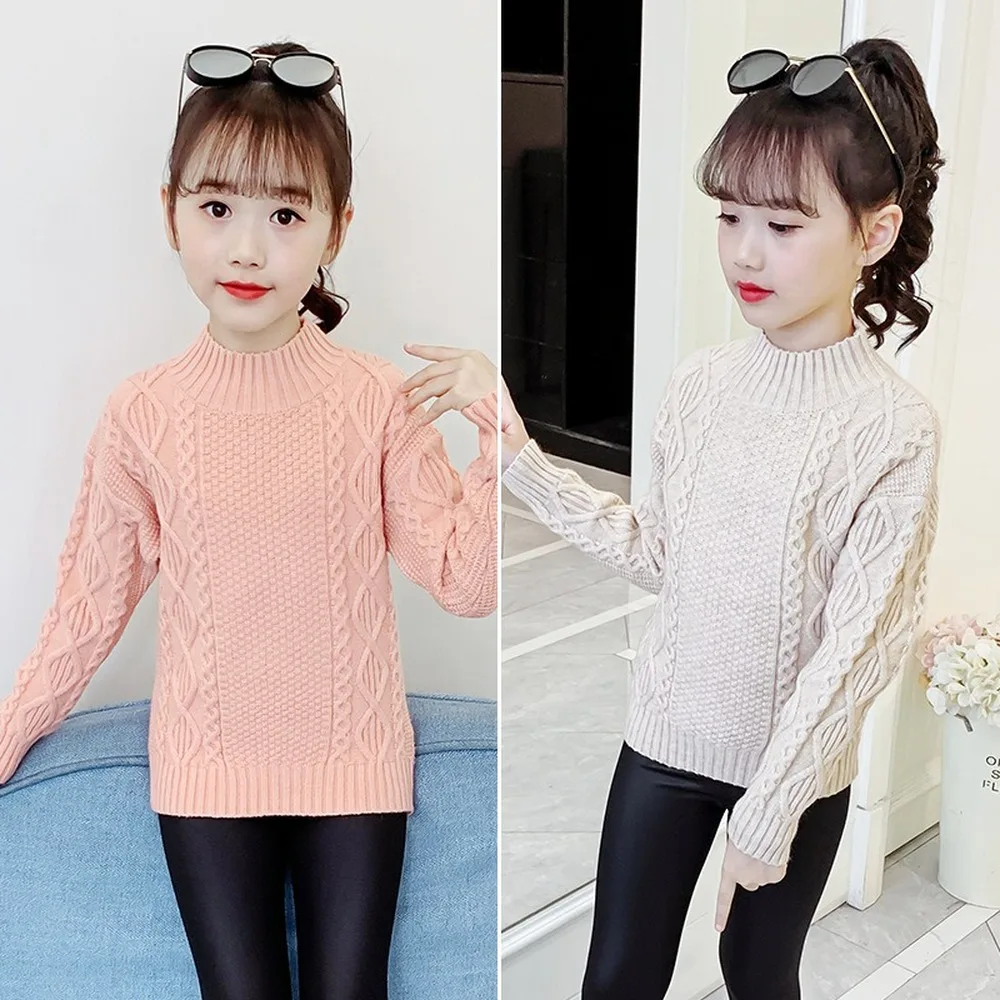 

Girls Sweater Autumn Winter Elastic Solid Color Linen Knit Half-Collar Sweater Children Tops Clothes for Girls 6 810 12 14Y