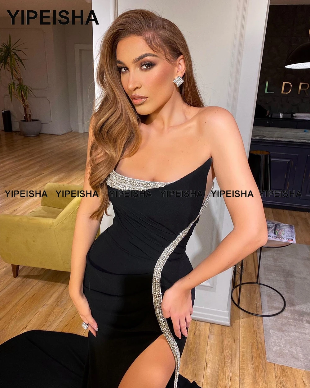 Yipeisha cristais de luxo preto pageant festa vestido strapless sereia vestidos de noite formal lado fenda longo vestido baile 2022