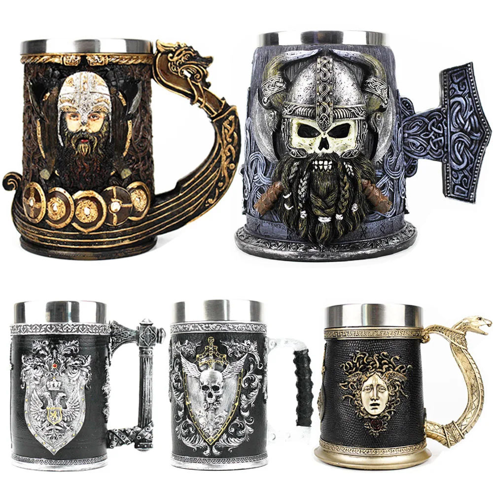 600ML Cup Universal Danegeld Tankard Mug Viking Unique design Mugs Stainless Steel Insert Resin Beer Cup party Halloween gift