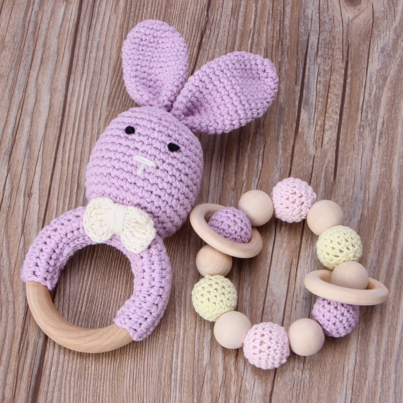 

2Pcs/Set Baby Wooden Teether Bracelet Crochet Bunny Teething Ring Chewing Toy Dropship