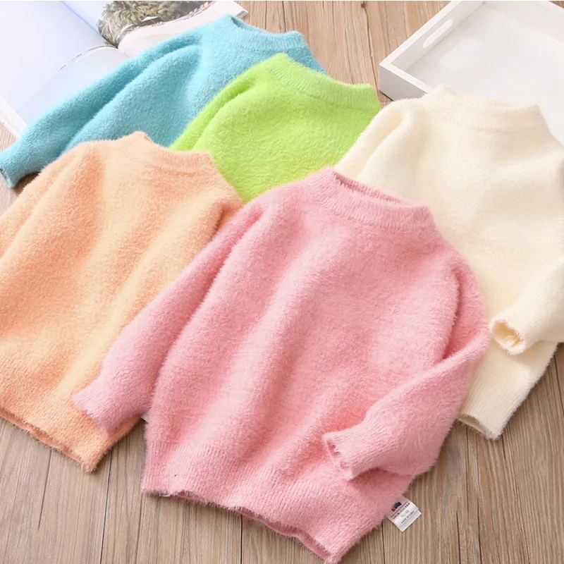 2021 Autumn Winter Warm 2-10 Years 90-140cm O-Neck Knitted Candy Color Slim All Match Thickening Sweaters For Baby Kids Girls