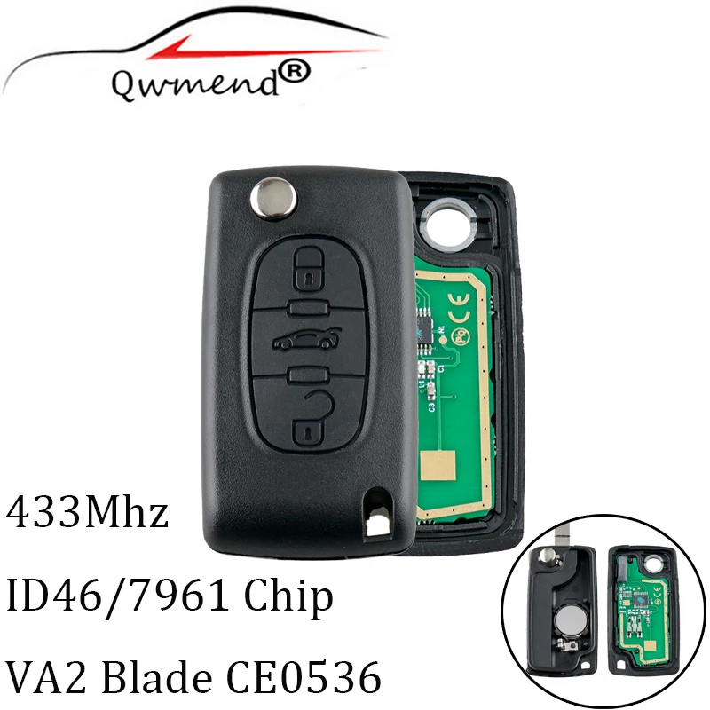 

3 Buttons Remote Key VA2 433MHz Transponder PCF7961 chip for Peugeot 207 208 307 308 407 507 607 Car Key CE0536 ASK