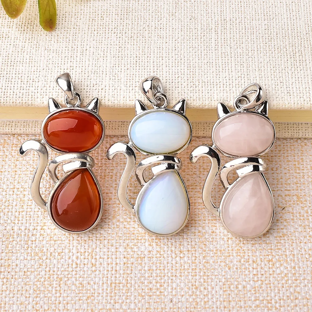 1PC Fashion Quartz Crystal Cat Pendant Rose Quartz Malachite Tigers Eye Obsidian Pink Red Stone Agate For Women Mineral Jewelry