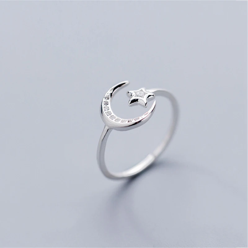 Real 925 Sterling Silver Minimalist Zircon Moon Star Opening Ring For Charming Women Party Fine Jewelry Cute 2019 Gift