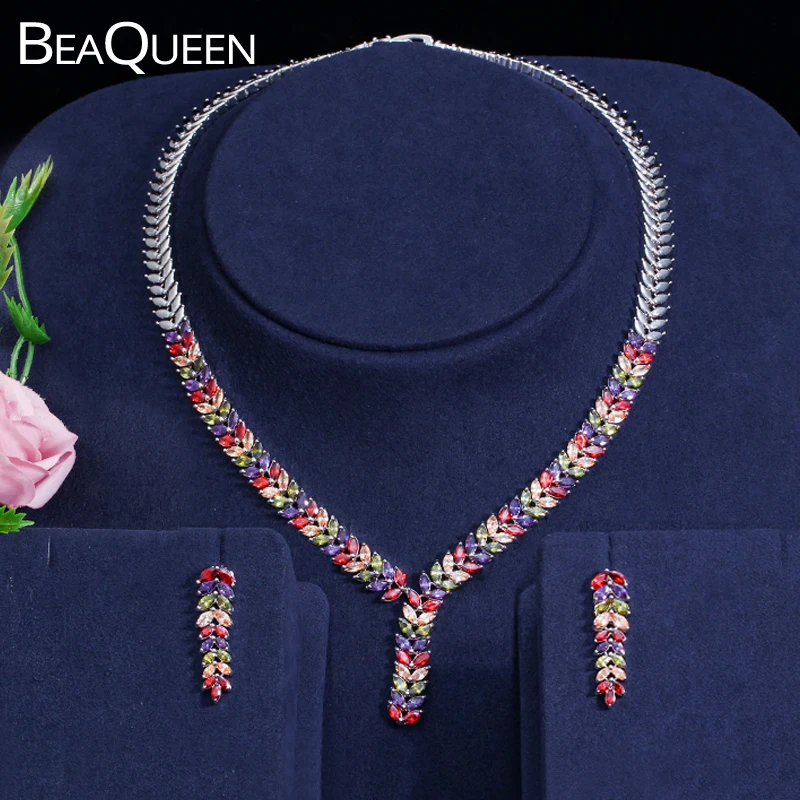 

BeaQueen в нигерийском стиле, с огранкой маркиза, кубический циркон, Разноцветные серьги в виде листьев и ожерелье, свадебные комплекты ювелирных изделий из 2 предметов, JS066