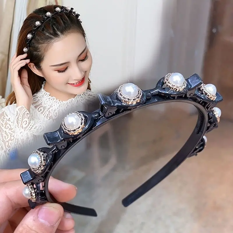 Lystrfac Korean Lazy Pearl Headband for Women Double Layer Braid Hair Ornament Hollow Out Hairband Ladies Hair Accessories