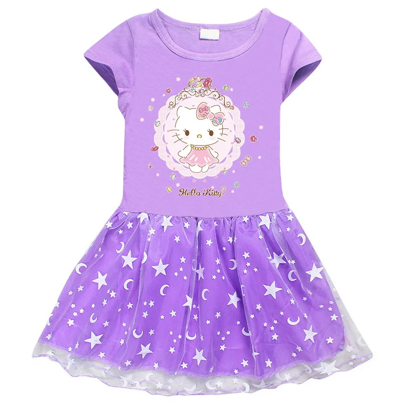 Hello Kitty Children\'s Clothing  Pure Cotton Fashion Princess Skirt Girls Cartoon Printed Net Yarn Short-Sleeved Pleated Dress