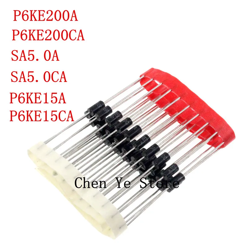 200 قطعة P6KE15A/P6KE15CA 15V SA5.0A/SA5.0CA 5V P6KE200A/P6KE200CA 200V عابرة Voltasge المكثفات صمام ثنائي لإخماد تذبذب الجهد الكهربي P6KE تفعل 15 DIP