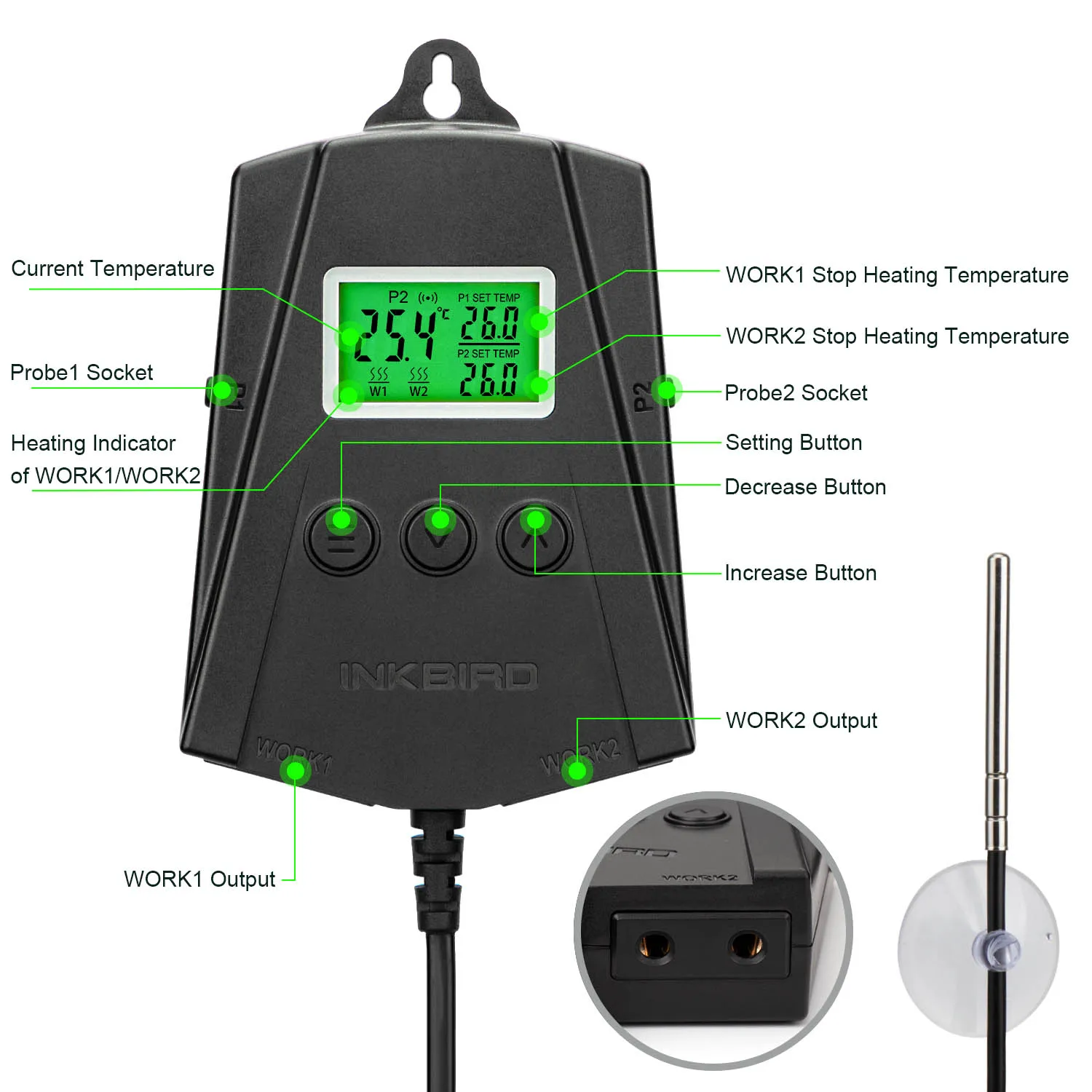 Inkbird WiFi Heat Mat Thermostat IPT-2CH Temperature Controller US/EU Plug for Seed Germination Reptiles Home Brewing Incubation