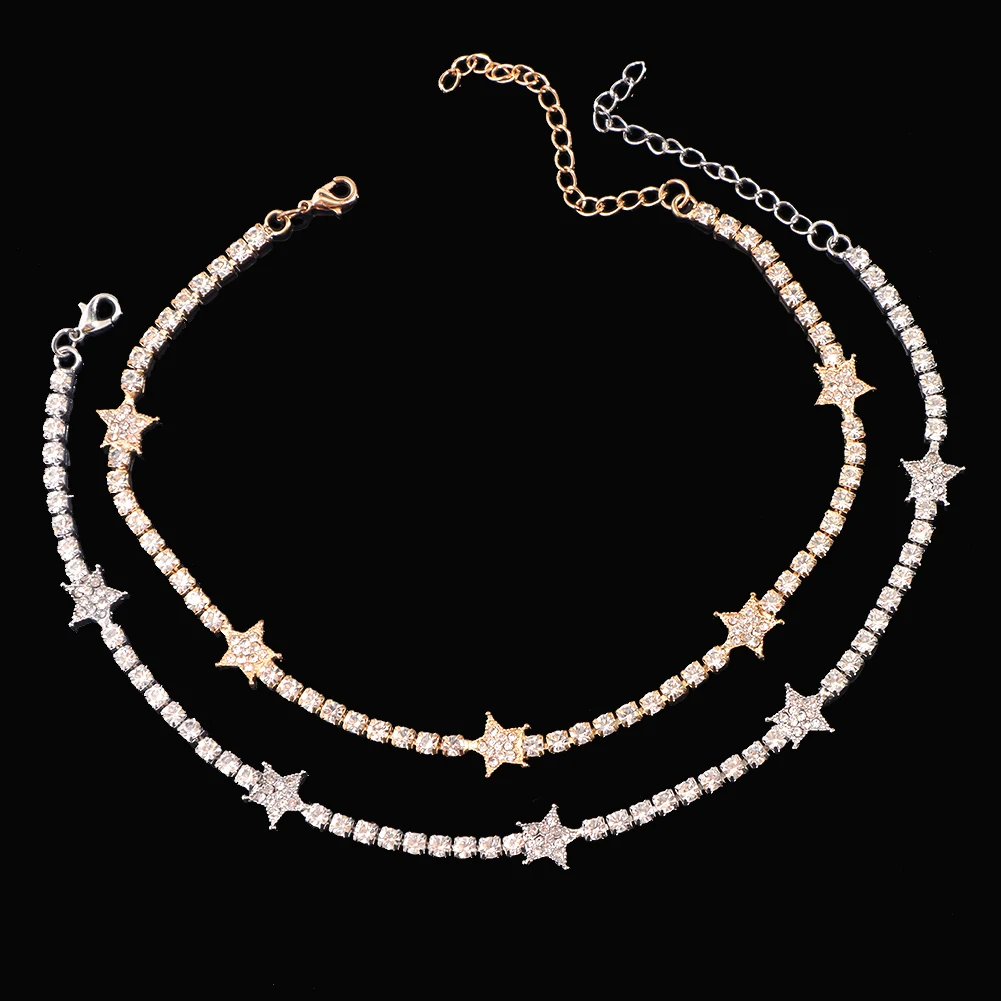 Gold Silver Color Rhinestone Star Necklace for Women Crystal Tennis Chain Choker Necklaces Simple Ladies Pentagon-Star Jewelry