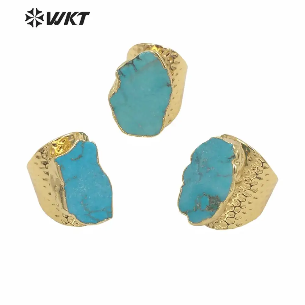 WT-R126 WKT Wholesale High Quality Turquoise Rings Irregular Size With Gold Plated Natural Green Howlite Stone Free Shipping