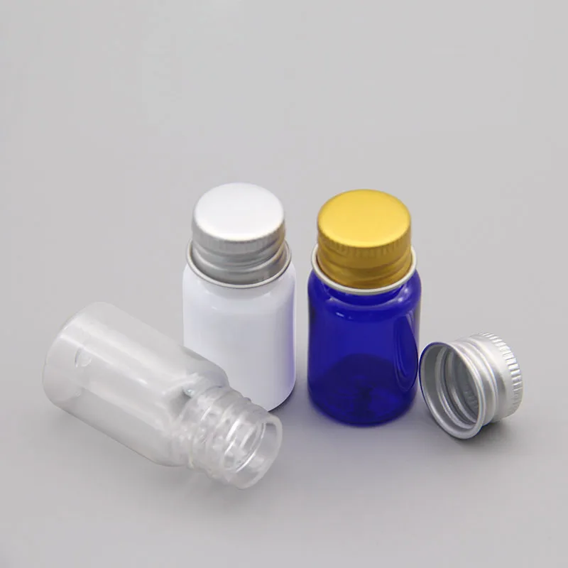 10ML 100pcs aluminum cap bottle, clear/blue/white small-capacity water medicine bottling, plastic bottles with internal plug