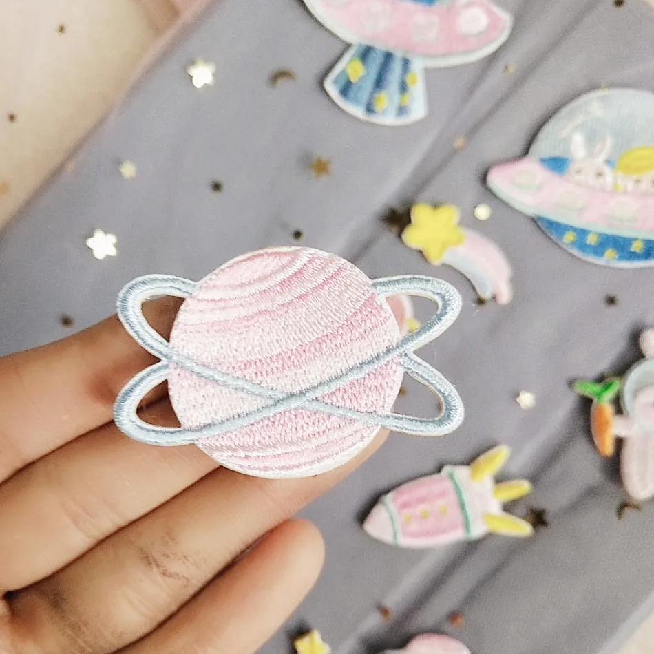 Self-adhesive Cartoon Bear Astronaut Spaceship Embroidered Patches for Clothing Iron on Clothes Applique Phone Case Decoration