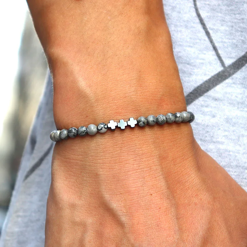 Braccialetto di perline di pietra naturale fatto a mano da 4mm Charm bracciale croce di ematite per uomo braccialetto Cruz Jewelry Homme Bileklik